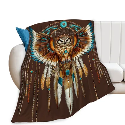 Owl with Dreamcatcher Feathers Blanket: Spiritual Owl Art for Home