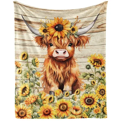 Highland Cow with Sunflowers Blanket: Rustic Floral Art