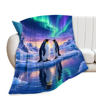 Penguins Under Aurora Blanket featuring two emperor penguins
