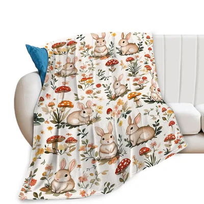 Bunnies Mushrooms Floral Blanket: A Cute Rabbit and Mushroom Pattern