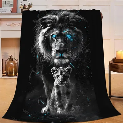 Lion and Cub Blue Blanket: Glowing Eyes Art Design