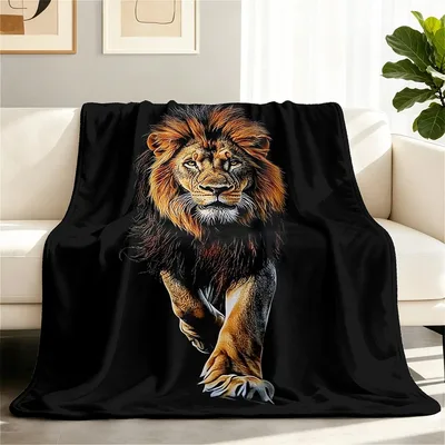 Lion Portrait on Black Blanket: Majestic Feline Art for Your Sofa