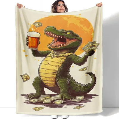 Alligator Drinking Beer Blanket: Wealthy Reptile with Cash and Brew