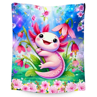 Cute Axolotl with Flowers Blanket: A Pink Creature in a Garden
