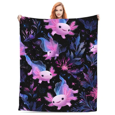 Baby Axolotls in Dark Blanket: Cute Pink Amphibians on Black