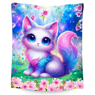 Colorful Fantasy Kitten Blanket: A Magical Fluffy Cat with Blue Eyes
