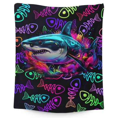 Neon Shark with Fish Blanket: Neon Art Design for Kids and Teens