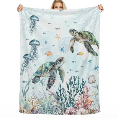 Sea Turtle Coral Ocean Blanket: A Watercolor Dive into Marine Life