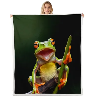 Tree Frog on Branch Blanket: Vibrant Green Amphibian Art