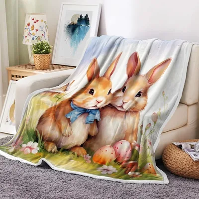 Two Cute Bunnies Blanket: Fluffy Rabbits with Blue Bow and Easter Eggs