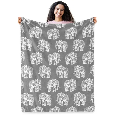 Elephants Pattern on Gray Blanket: Floral Elephant Throw