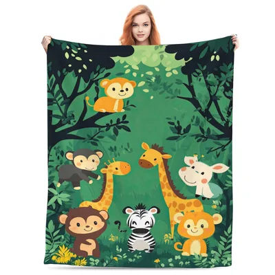 Cartoon Jungle Animals Blanket: Cute Safari Friends in Green Forest