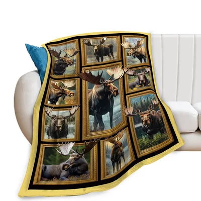 Moose Wildlife Photo Collage Blanket: Framed Antlered Bull Portraits