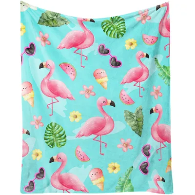 Pink Flamingo Tropical Pattern Blanket with Cute Summer Illustrations