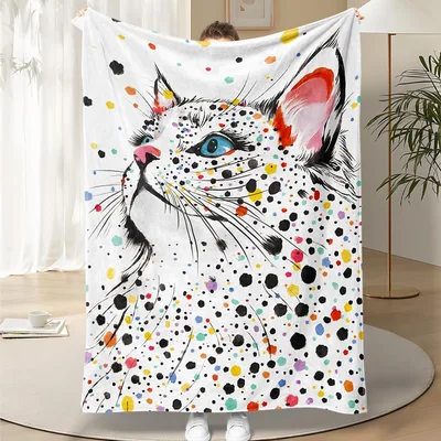 Colorful Spotted Cat Portrait Blanket: Artistic Feline Design