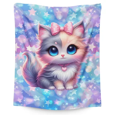 Cute Kitten with Bow Blanket: Starry Sky Feline Design