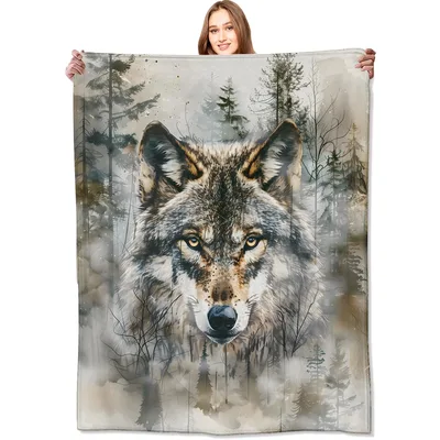 Majestic Wolf in Forest Blanket: Wild Animal Art for Nature Lovers