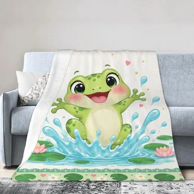 Cute Frog Splashing Blanket: Joyful Green Amphibian Design