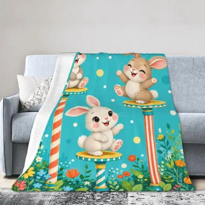 Cute Bunnies on Striped Blanket: Circus Rabbit Throw Design