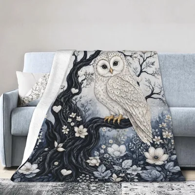 White Owl on Branch Blanket: Whimsical Forest Art for Nature Lovers