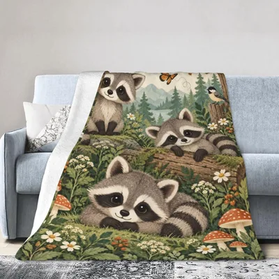 Raccoons in Forest Scene Blanket: Cute Woodland Raccoon Throw