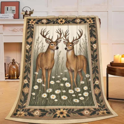 Two Deer Floral Border Blanket: Rustic Wildlife Art for Cabin Living