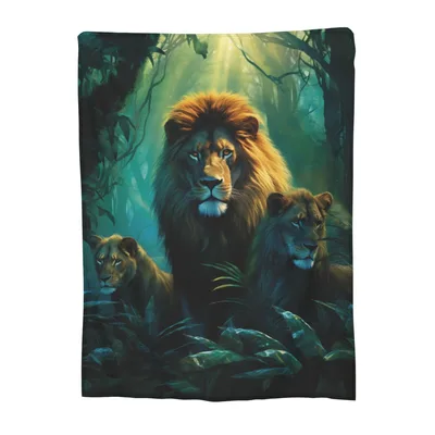 Lions in Forest Painting Blanket: Majestic Pride in Green Light