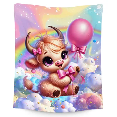 Baby Highland Cow with Balloon Blanket: Cute Fuzzy Calf Design