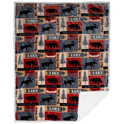 Rustic Lake Bears Blanket: Cabin Wildlife Patchwork Design