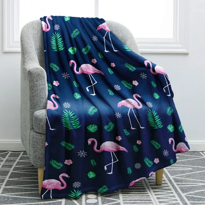 Pink Flamingo Tropical Pattern Blanket with Snowflakes and Leaves