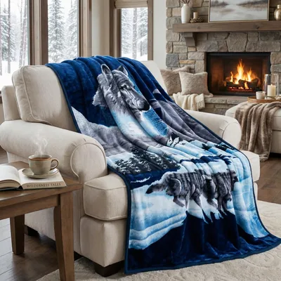 Wolf in Snow Portrait Blanket: Wild Wolf Art for Cozy Living
