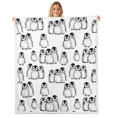 Penguin Pattern Print Blanket: Watercolor Penguin Groupings on White