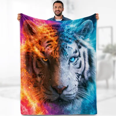 Fire and Ice Tiger Blanket: Dual Element Feline Art