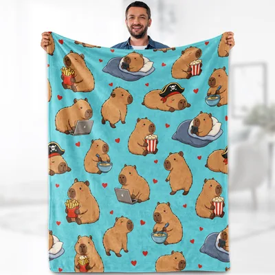 Capybaras Relaxing Pattern Blanket: Cute Animals Snacking and Sleeping