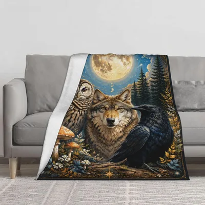 Wolf Owl and Raven Blanket: A Moonlit Forest Gathering of Wild Animals
