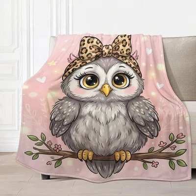 Cute Owl with Leopard Blanket: Sweet Bow Design for Cozy Nights