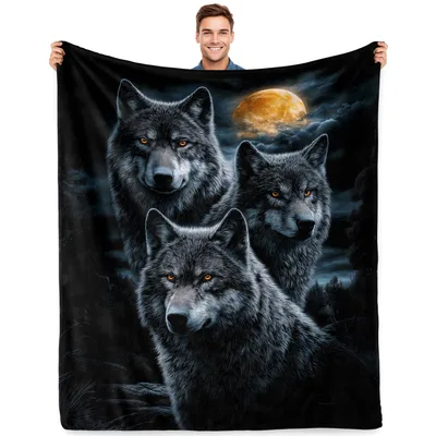 Wolves Full Moon Forest Blanket: Three Wolves Under a Golden Moon