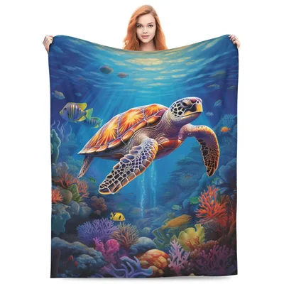 Sea Turtle Underwater Coral Blanket: Vibrant Ocean Life Design
