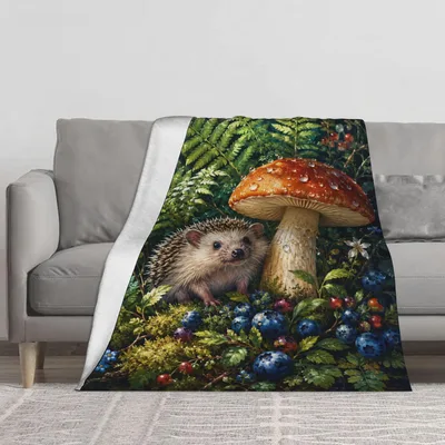 Hedgehog with Mushrooms Blanket: Forest Creature Design