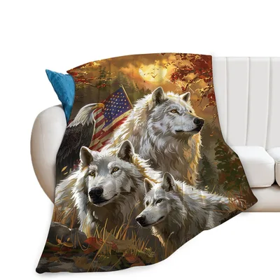 Wolves and Eagle Flag Blanket: Wild Wolves and American Flag Design