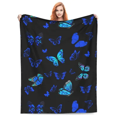Blue Butterfly Pattern Blanket: Electric Wings on Black