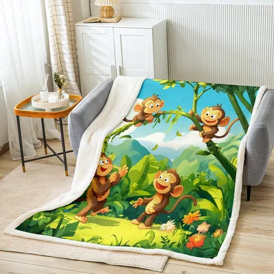 Cartoon Monkeys in Jungle Blanket: Playful Primates on Green Grass
