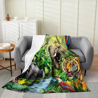 Jungle Animals Tiger Elephant Blanket: Wild Safari Print