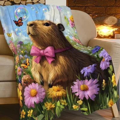 Capybara with Pink Bow Blanket: A Gentle Giant in a Garden