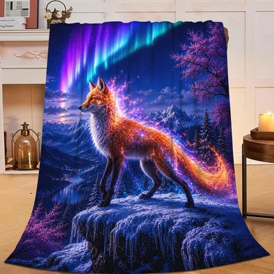 Fox Under Aurora Night Blanket: Fantasy Fox on Snowy Cliff