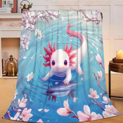 Cute Axolotl with Cherry Blanket: A Sweet Amphibian in Blossoms