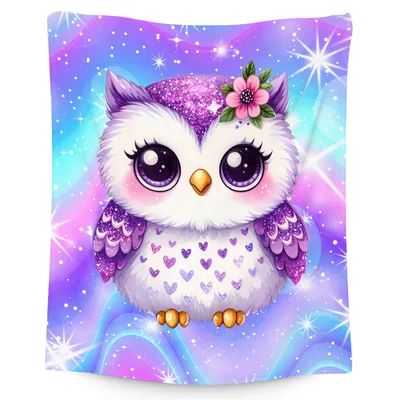 Purple Owl with Flowers Blanket: Glittery Owl Design for Girls