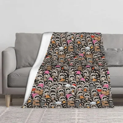 Raccoon Pattern Blanket: Cute Raccoons Holding Food and Signs