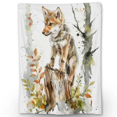 Watercolor Wolf on Stump Blanket: A Young Canine Perched on Wood