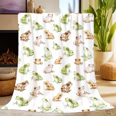 Green Frogs Pattern Print Blanket featuring watercolor amphibians